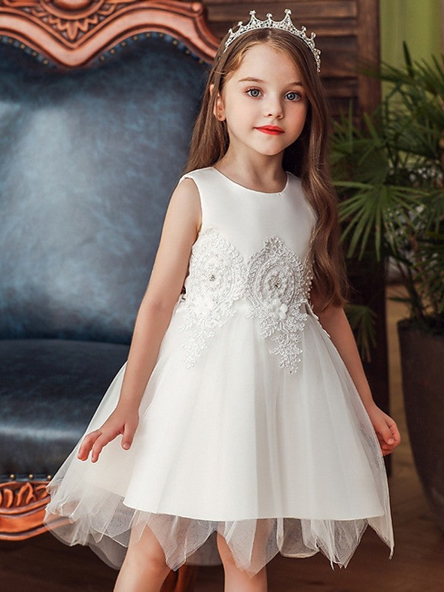 Oknass Ball Gown Sleeveless Jewel Neck Flower Girl Dresses Lace Satin Tulle With Appliques