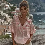 Retro Bohemian Floral With Lace Pattern Women's Short-sleeve Top - Image 2