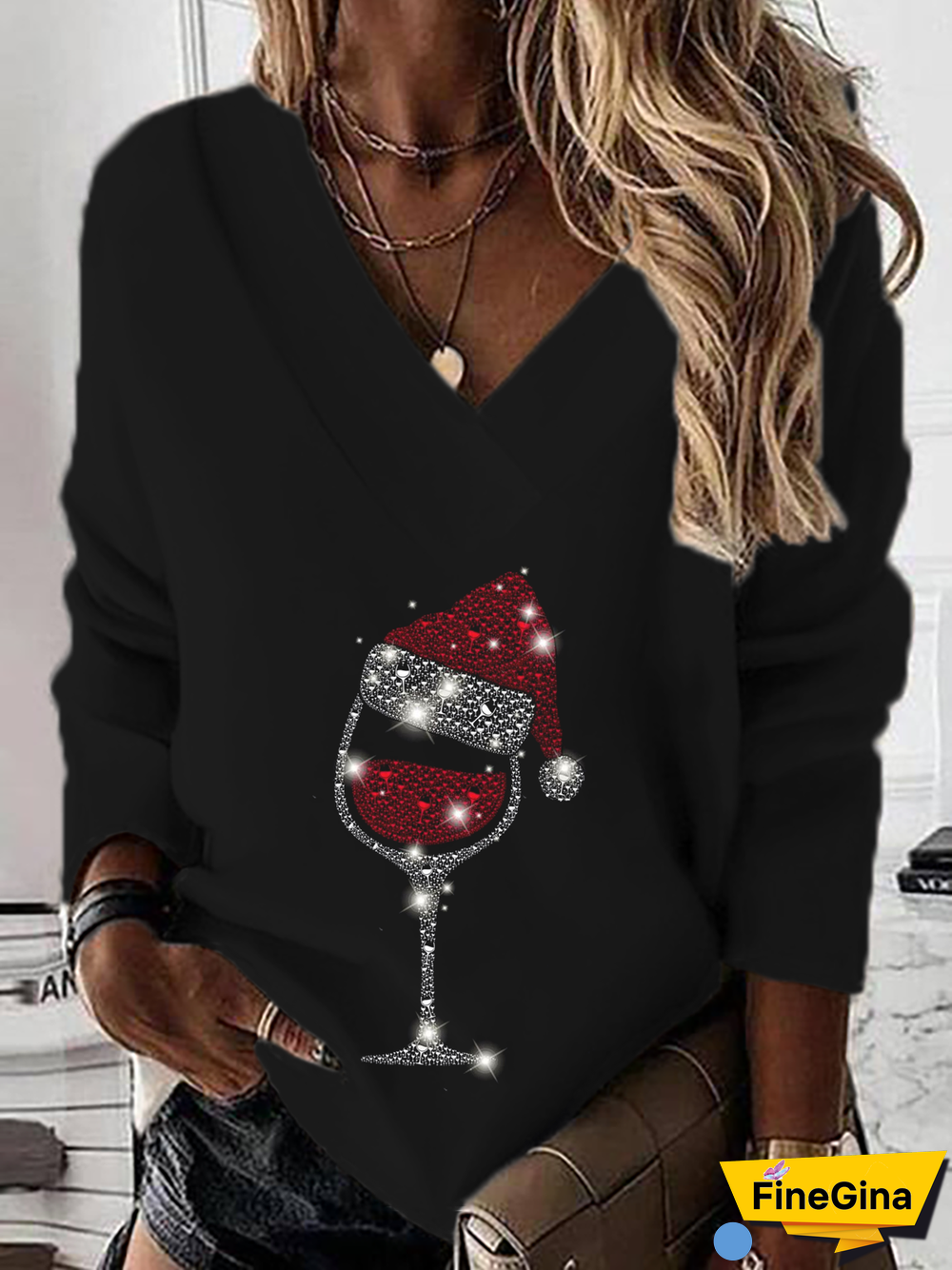 Plus size Casual Wine Glass Christmas Sweatshirts