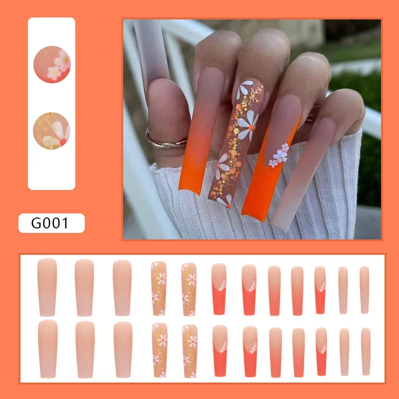 Churchf Churchf Autumn Orange French Long Water Pipe Nail Hot Girl Ins Wind Diamond Flower Wear Nail
