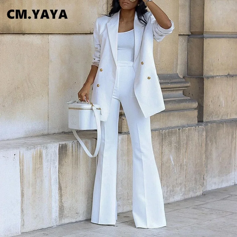 CM.YAYA Basic Elegant Women's Tracksuit Double Breasted Blazers and Straight Flare Pants Suit Matching Two 2 Piece Set Outfits