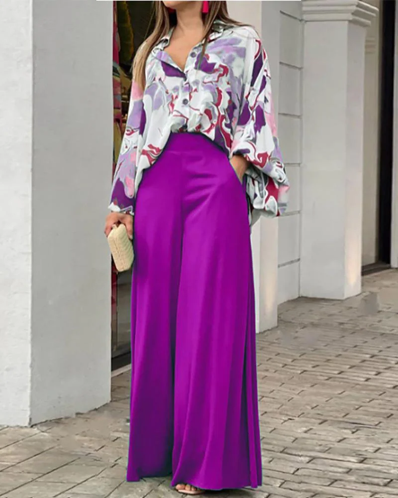 Casual Print Shirt & Wide Leg Pants Two-Piece Set