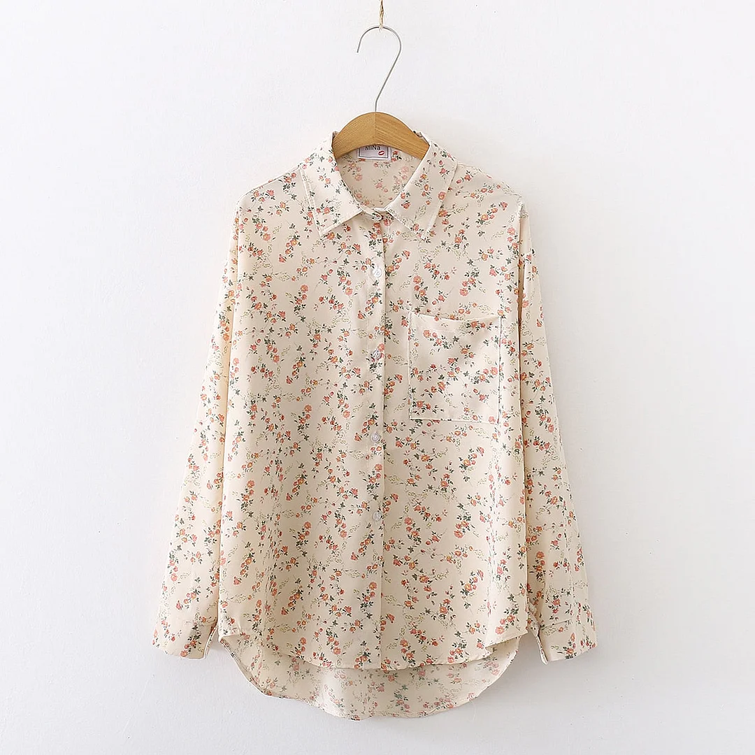 Spring New Women Vintage Loose Letter Floral Shirt Long Sleeve Button Up Chiffon Blouse Turn-Down Collar Autumn Casual Tops T094