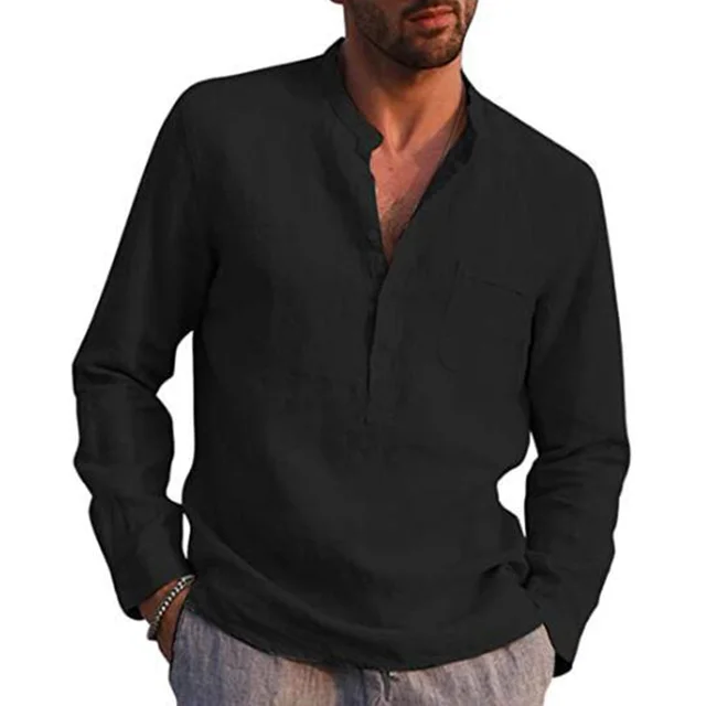 Men's Cotton Linen Summer Solid Color  Stand-Up Collar Long-Sleeved Shirts