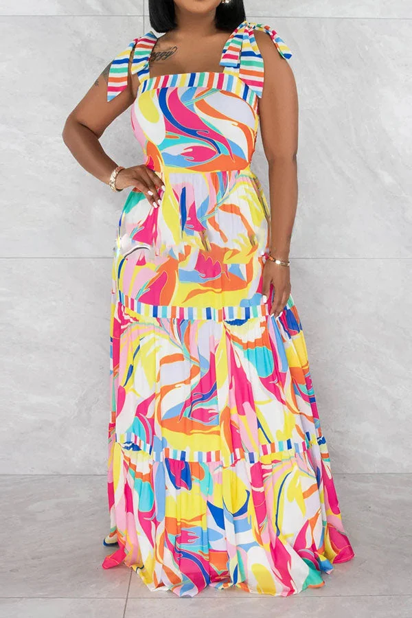 Floral Print Colorful Tiered Ruffle Maxi Dress