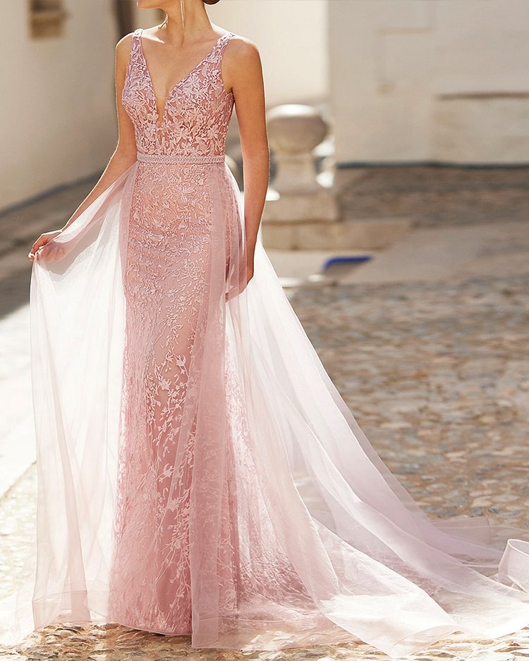 Lace Embroidered Layered Mesh Maxi Dress Gown