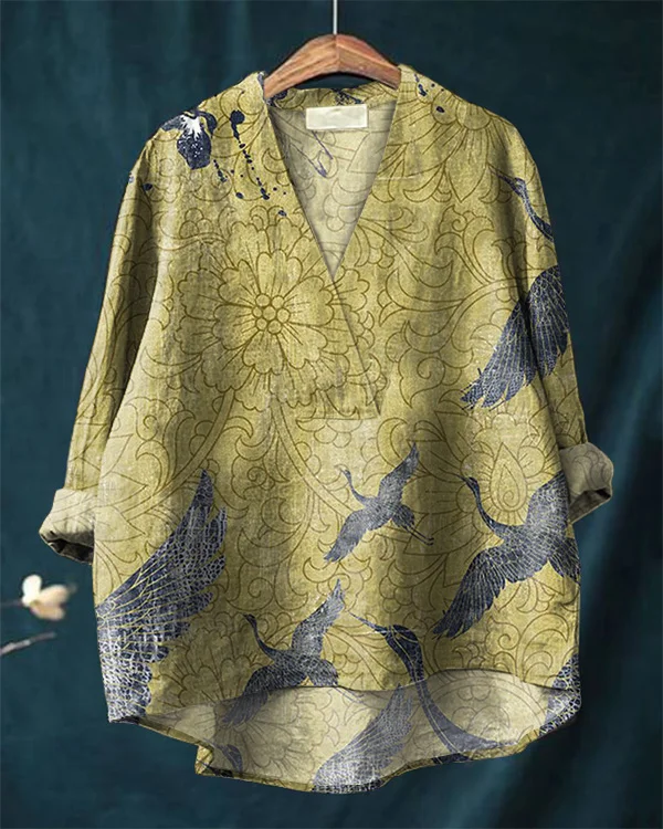 Classic Japanese Crane Print Loose V-Neck Cotton And Linen Shirt