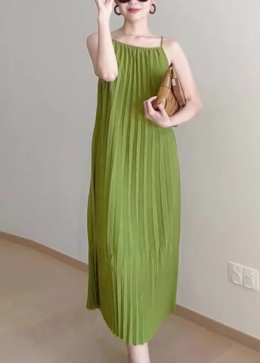 Cute Green Slash Neck Wrinkled Long Slip Dress Summer