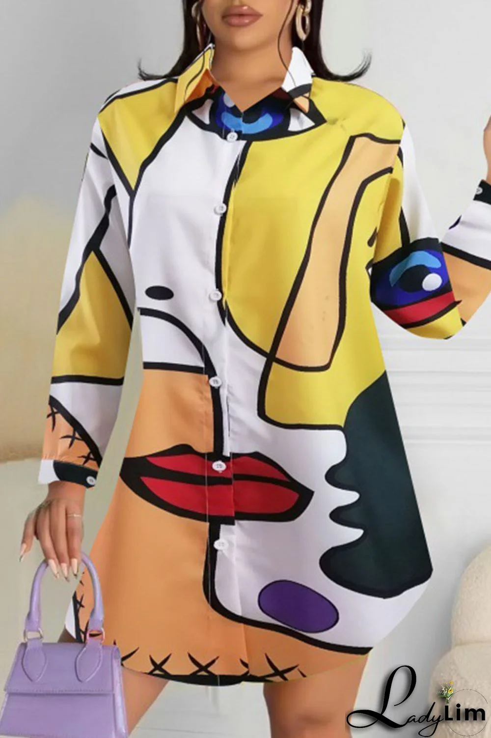 Purple Green Casual Street Print Patchwork Buckle Turndown Collar Tops