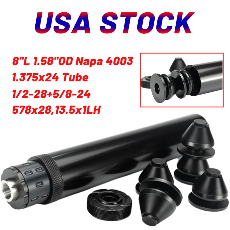 Car Screw Kit 8''L 1.58'' OD Stainless Steel Tube Solvent 1.375x24 + x5 Aluminum 7075 Spade Cone Cups Steel Recoil Booster