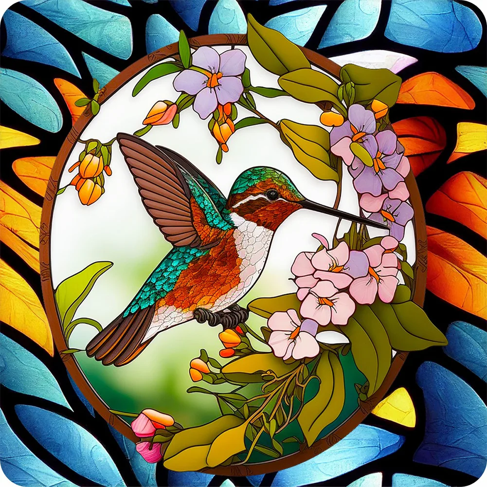 Full Round Diamond Painting - Stained Glass Flower Bird(30*30cm)