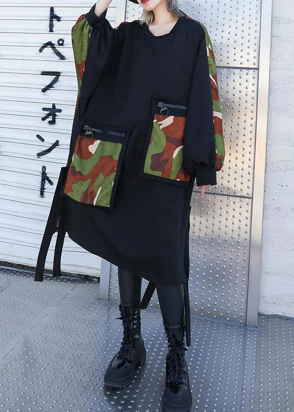 Elegant pockets side open Cotton dresses Shirts black patchwork camouflage Dresses