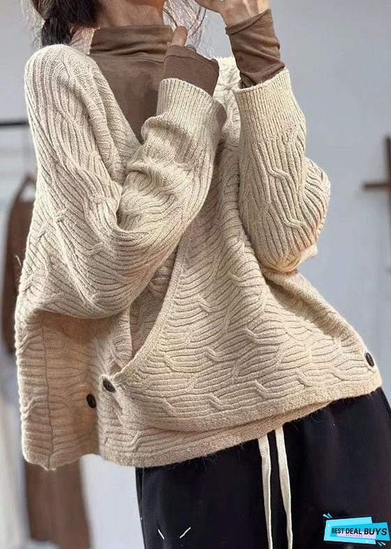 Women Beige V Neck Oversized Original Design Knit Sweater Winter