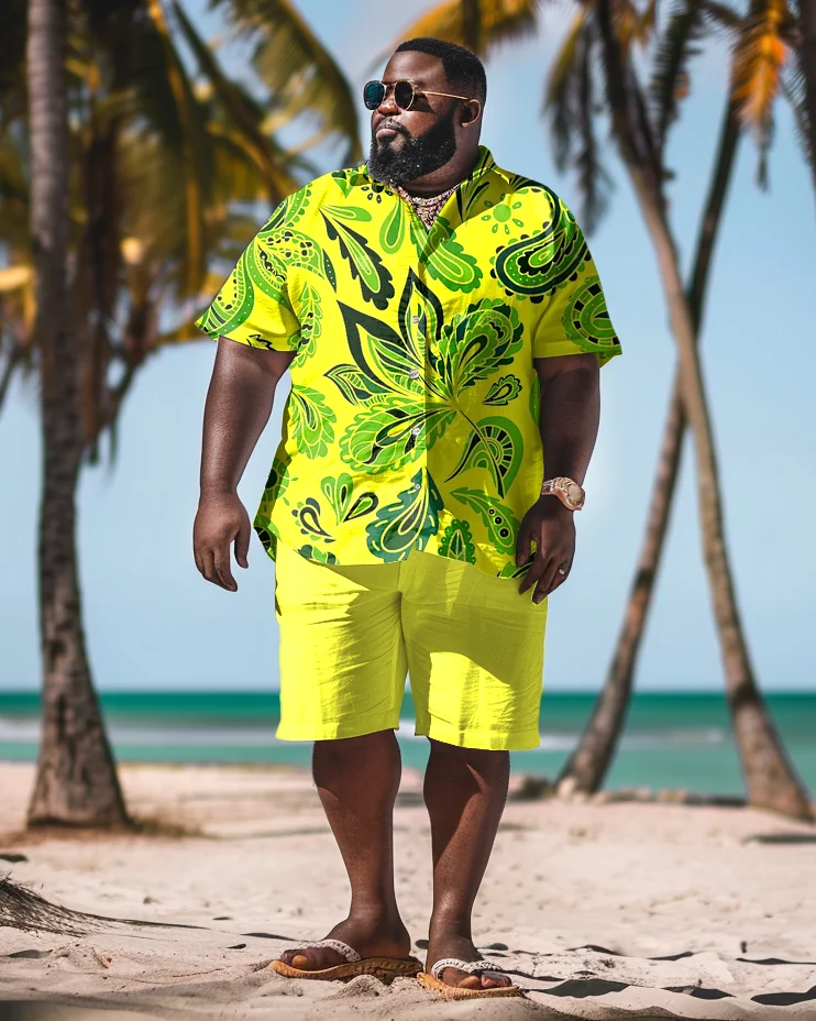 Men's Plus Size Hawaiian Cashew Flower Print Shirt Shorts Suit