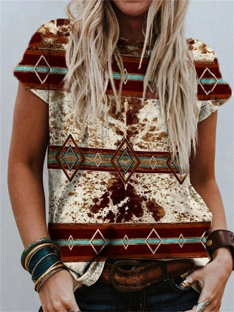 Western Cowhide Aztec Print T Shirt