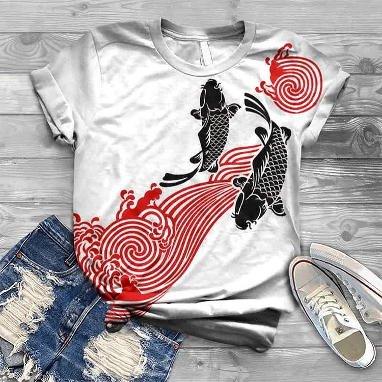 Contrast Color Wave Koi Japanese Print T-shirt