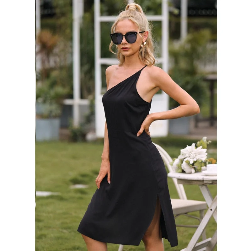 One Shoulder Sling Dresses Sleeveless Casual Solid Elegant Sexy Slip Dress Black Slit Mini Fashion Women's Clothes 2022 Summer