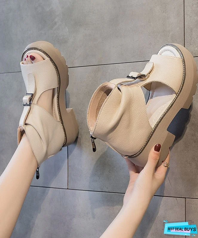 Casual Hollow Out Wedge Sandals Brown Cowhide Leather Platform Chunky High Heels