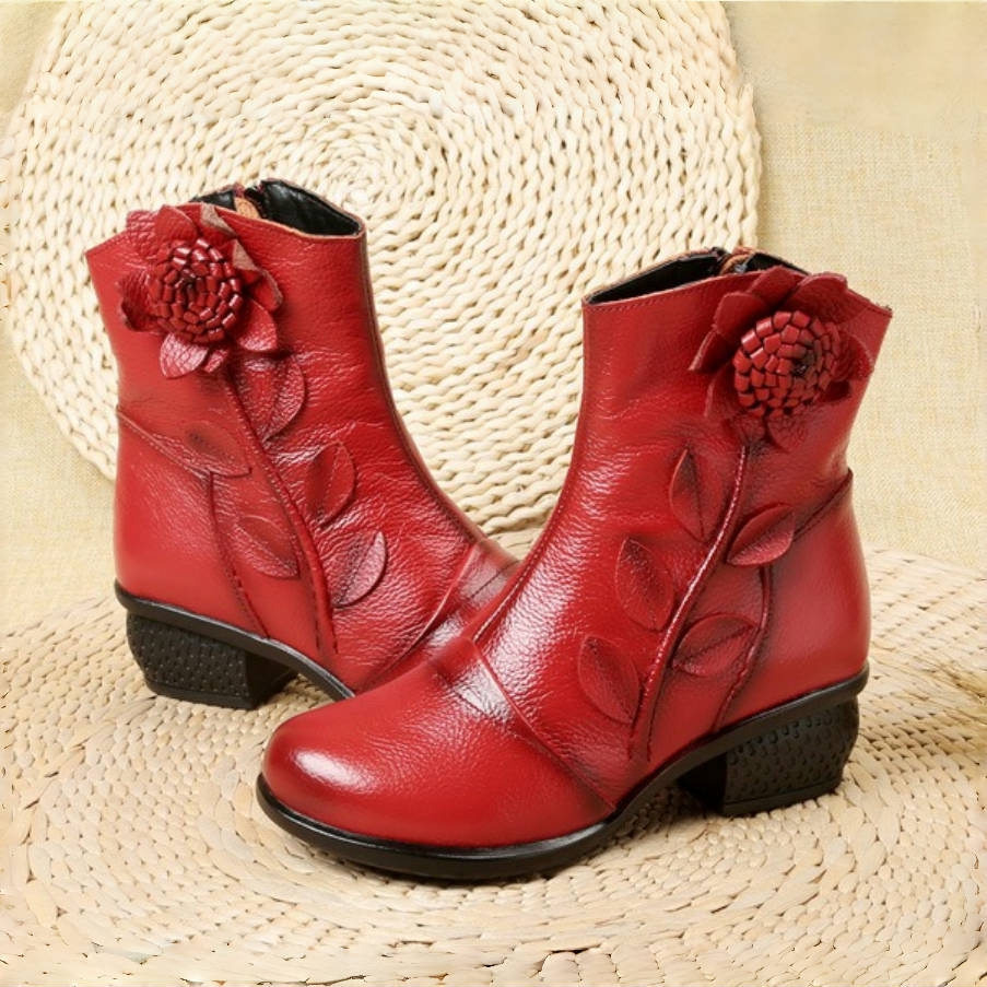 Women's Genuine Leather Flowers Side Zipper Vintage Heeled Boots | ARKGET