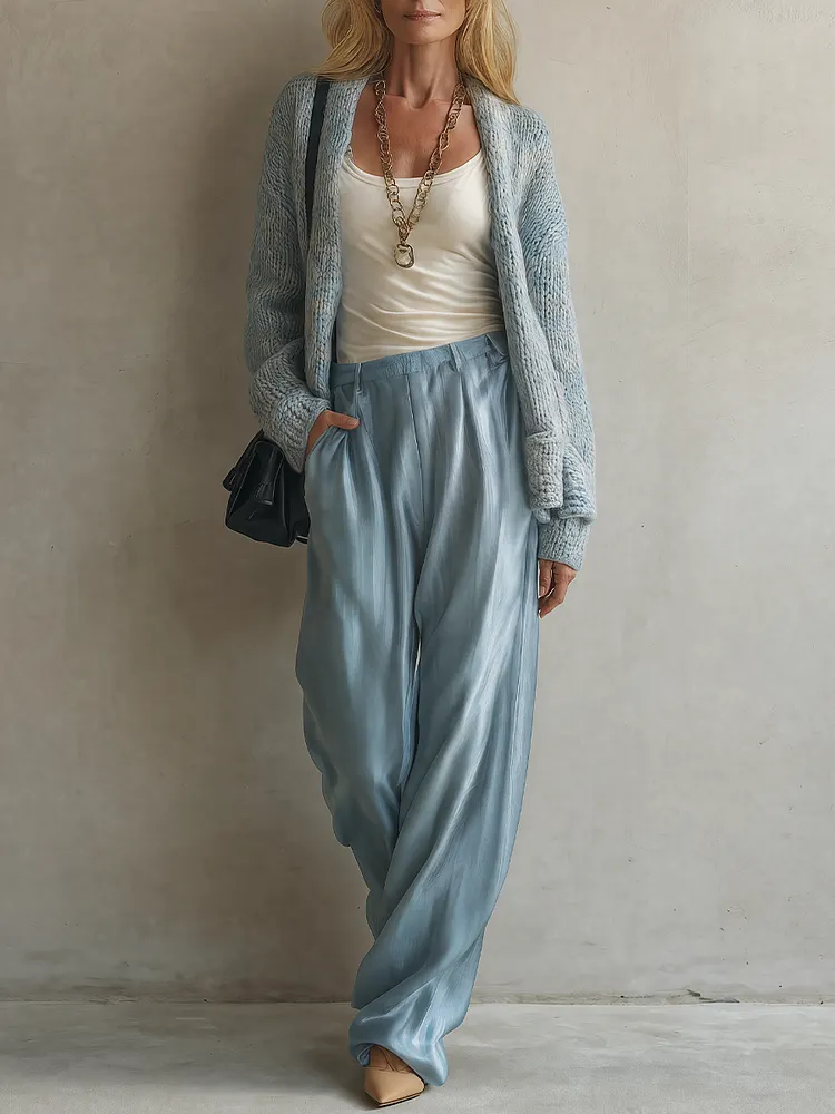 Relaxed Minimal Blue Cardigan & Satin Palazzo Pants Outfit