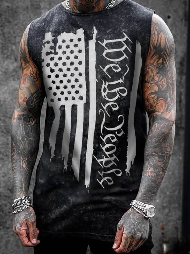 American Flag Printed Crew Neck Men's Tank Casual Sleeveless Tops-VESSFUL