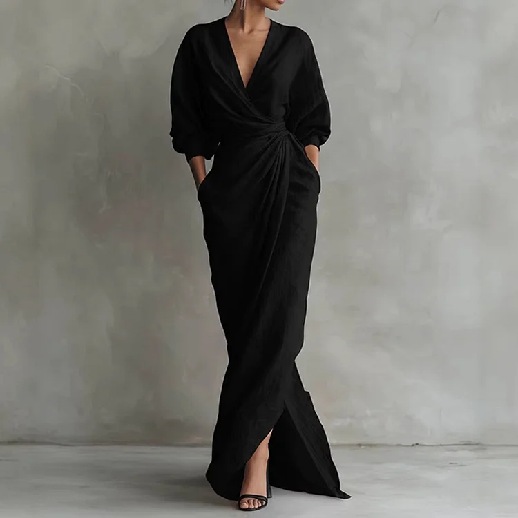Vintage Elegant Pleated V-neck Design Cotton And Linen Dress