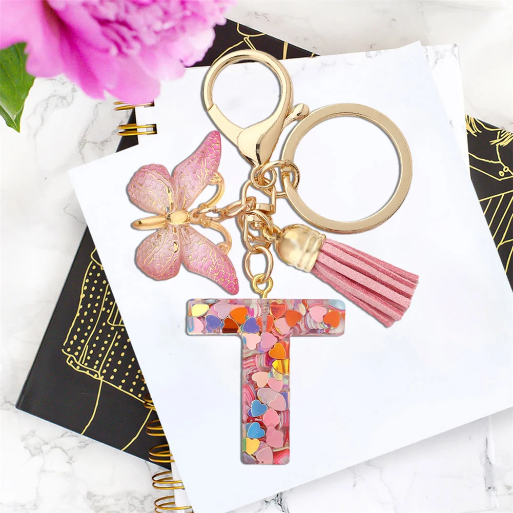 Resin Initial Letter Keychains Alphabet Letter Keychain Pink Tassel Butterfly Key Ring
