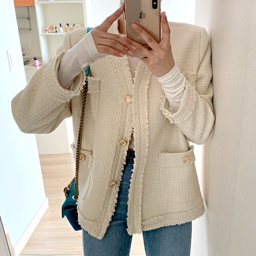 LANFUBEISI  Woman Jacket New Korea Elegant V-neck Edge Stitching Three Buttons Loose Pocket Tweed Short Coat Ladies Wear LANFUBEISI