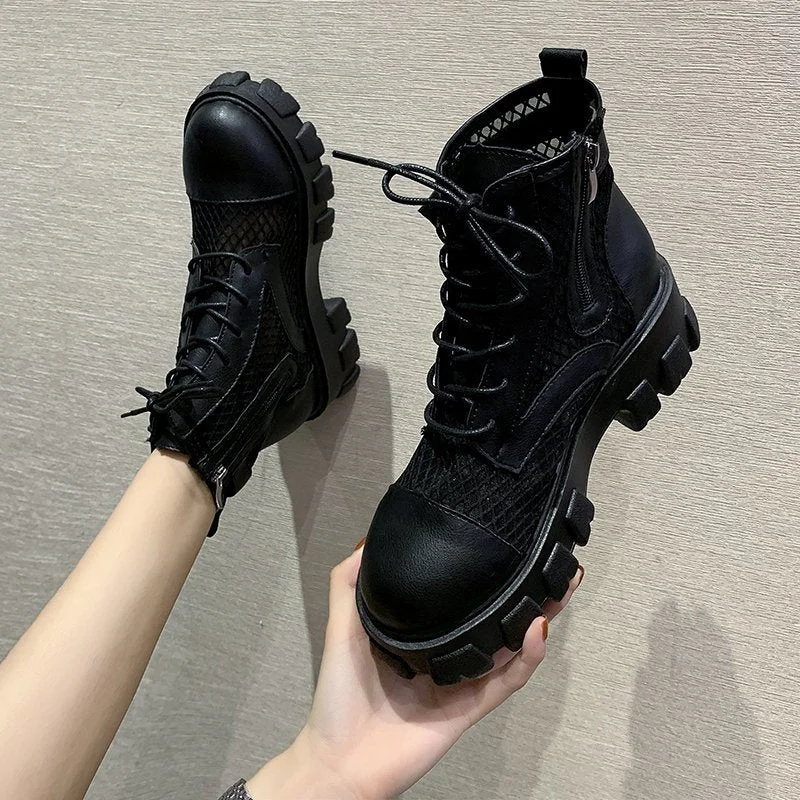 Classic Women Thick Bottom Black Mesh Summer Boots Round Toe Zipper Lace Up Platform Shoes Woman High Heels Ankle Botas