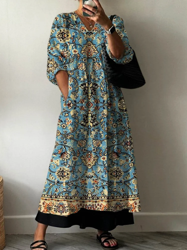 Women's Vintage Lovely Floral Art Print Pocket V-neck Cotton Dress