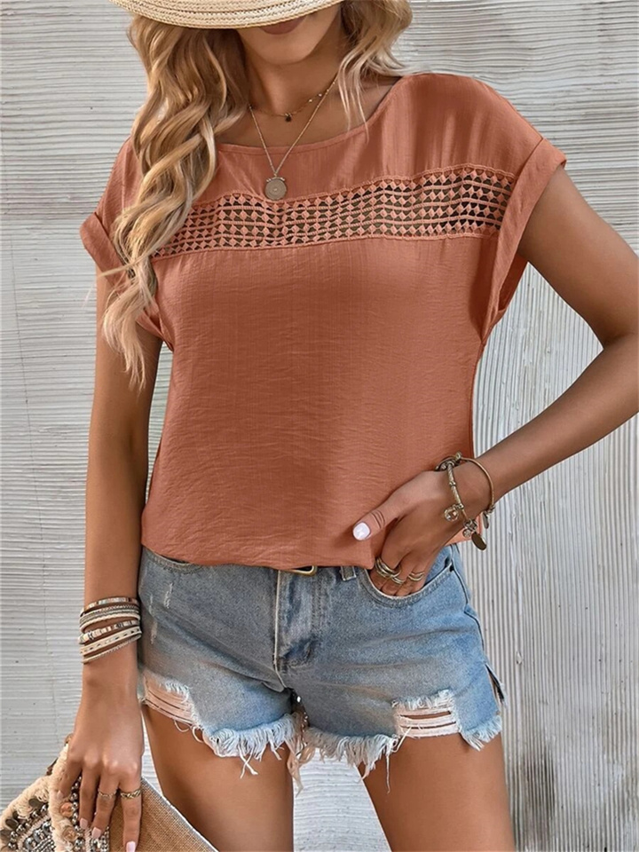 Fashion Loose Type Women's Summer New Round Neck Casual Solid Color Splicing Lace Hollow Short-sleeved Tops Female