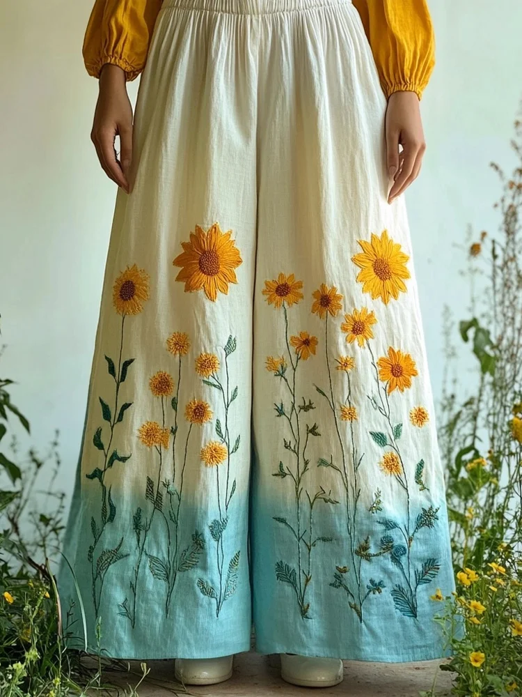 Utbros Boho Flowers Embroidered Gradient Linen Comfy Pants