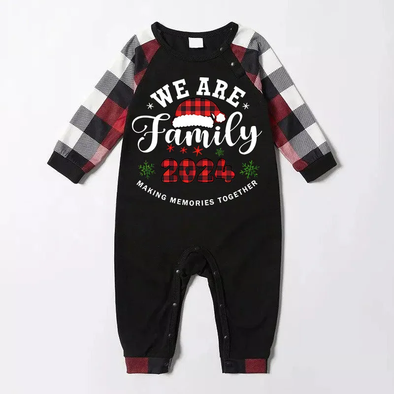 "We are Family" Santa Hat Monogram Print Letter Red & Black & Grey & White Plaid Family Matching Pajamas