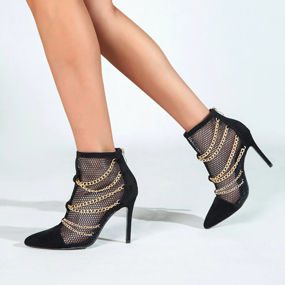 Black Pointed Toe Stiletto Cutout Ankle Boots