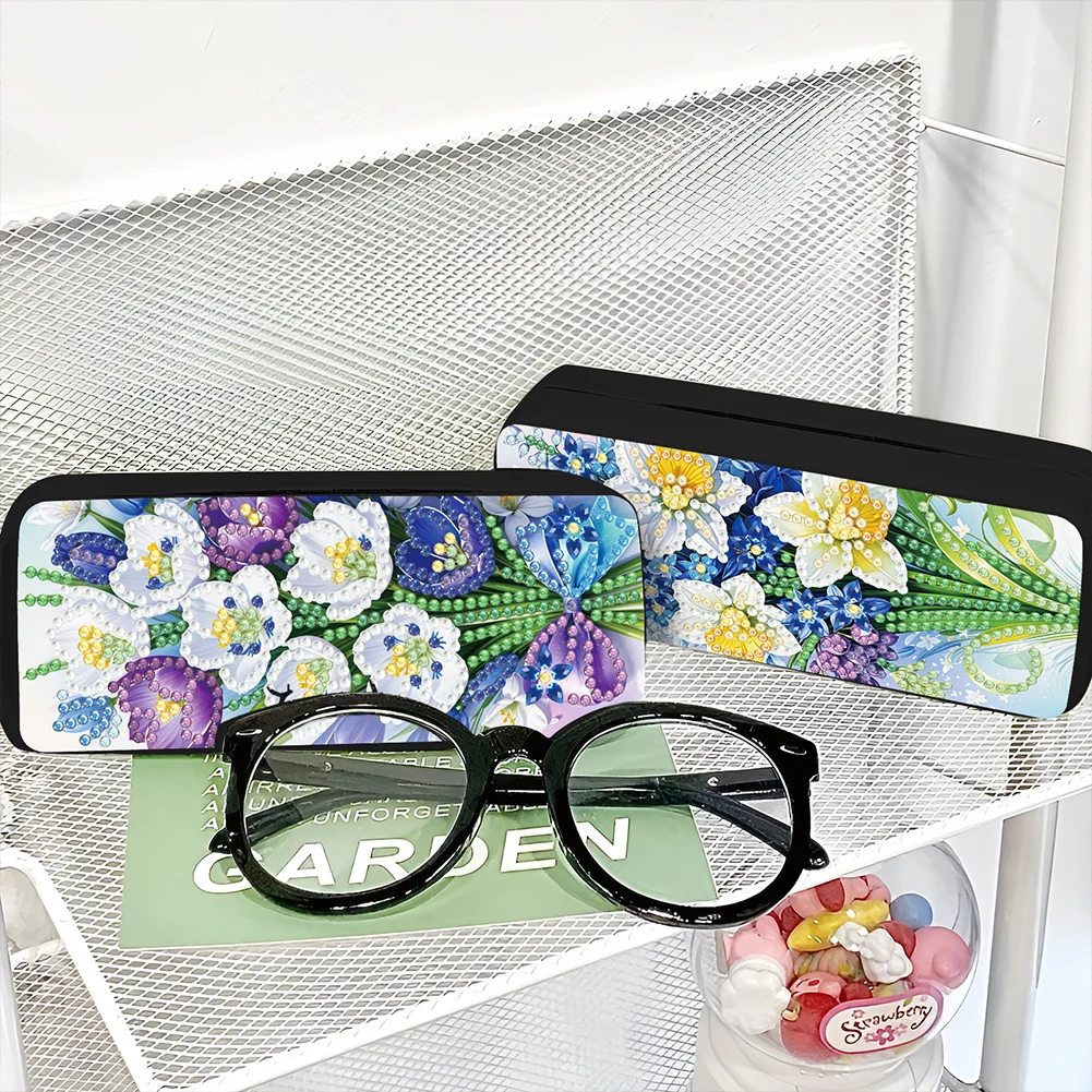 2Pcs 5D DIY Flowers Diamond Painting Glasses Case Kit Diamond Art Glasses Case