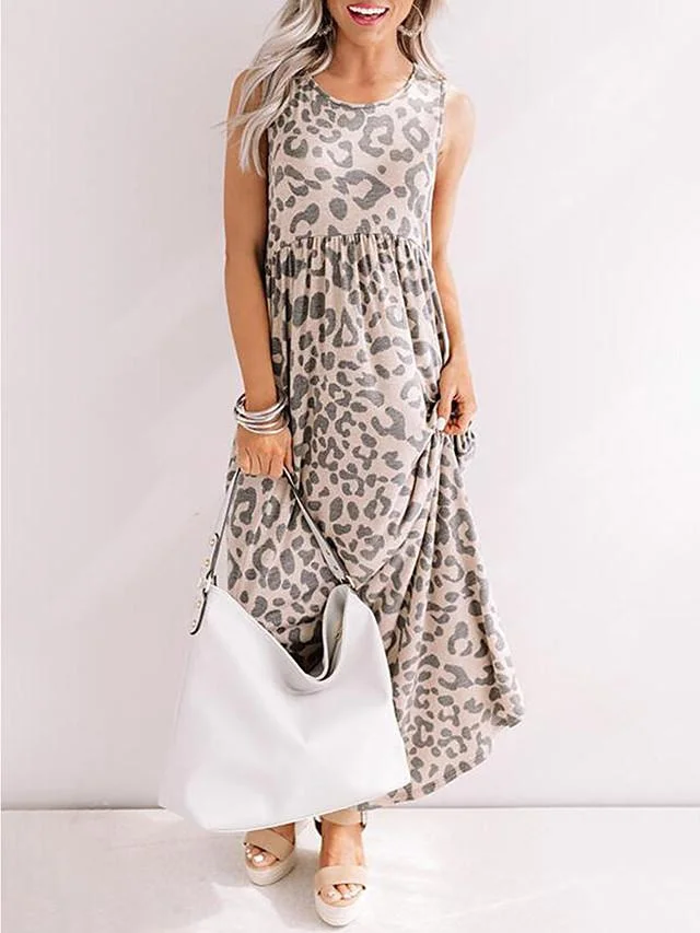 Women's Sheath Dress Maxi Long Dress Sleeveless Leopard Print Summer Hot Casual Beige