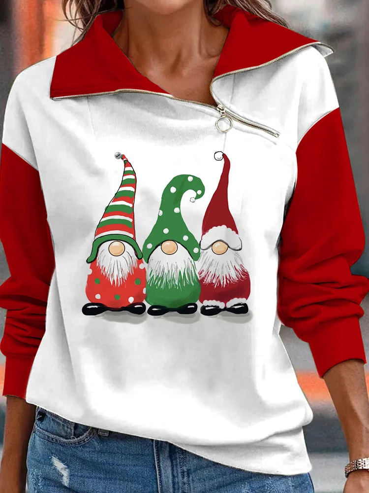 Wearshes Christmas Santa Print Zip-Up Sweatshirt