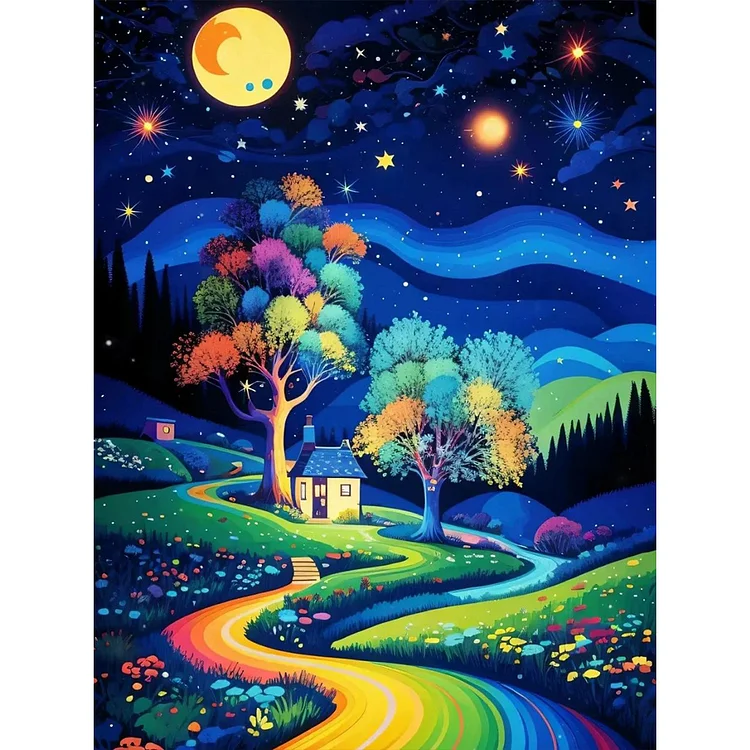 Starry Night Forest Cabin 30*40CM (Canvas) Full Round Drill Diamond Painting gbfke