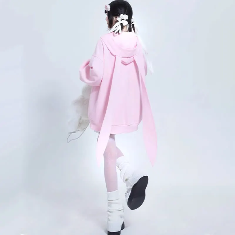 Long Bunny Ears Pocket Oversize Zipper Hooded Sweatshirt