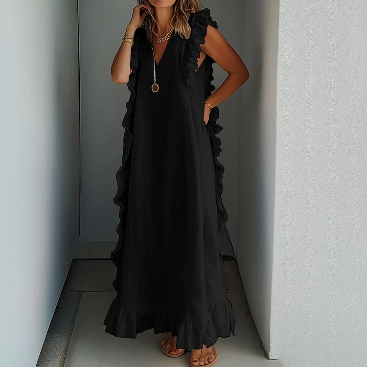Ursime Cotton And Linen Solid Ruffle V Neck Maxi Dress