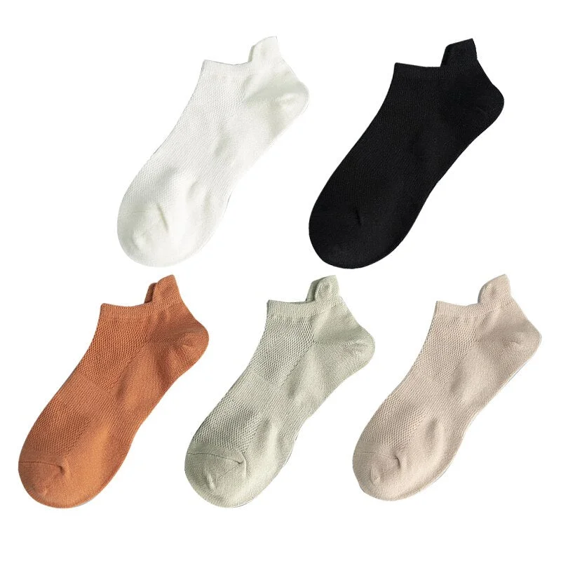 5 Pairs Women Socks Breathable Sports Socks Pack Solid Color Comfortable Cotton Novelty Mesh White Fashion Street Ankle Sock Set