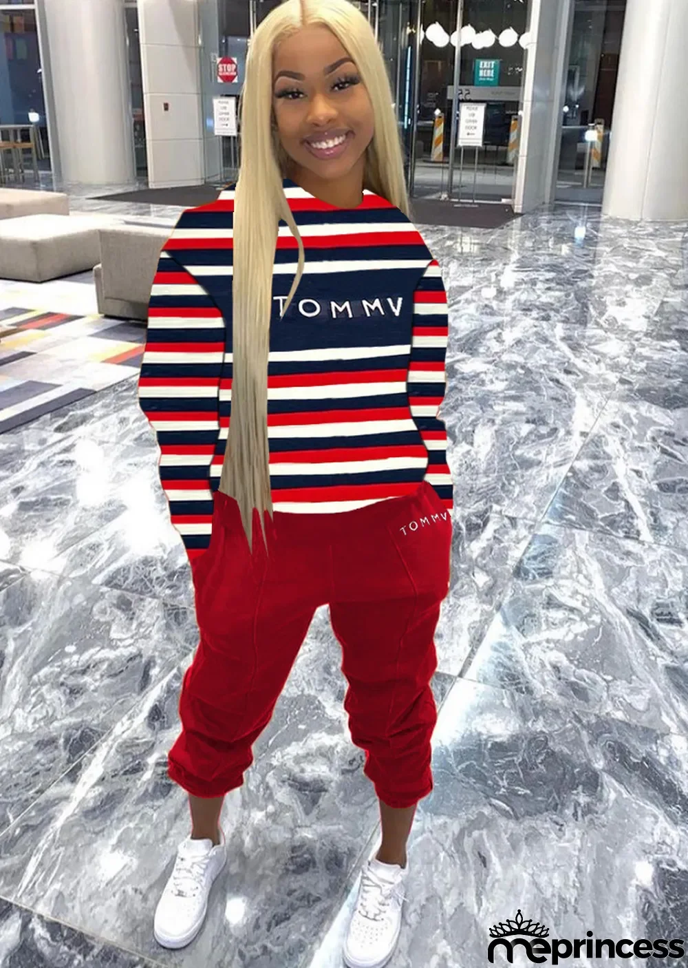 Spring Letter Print Stripes Shirt and Sweatpants Set