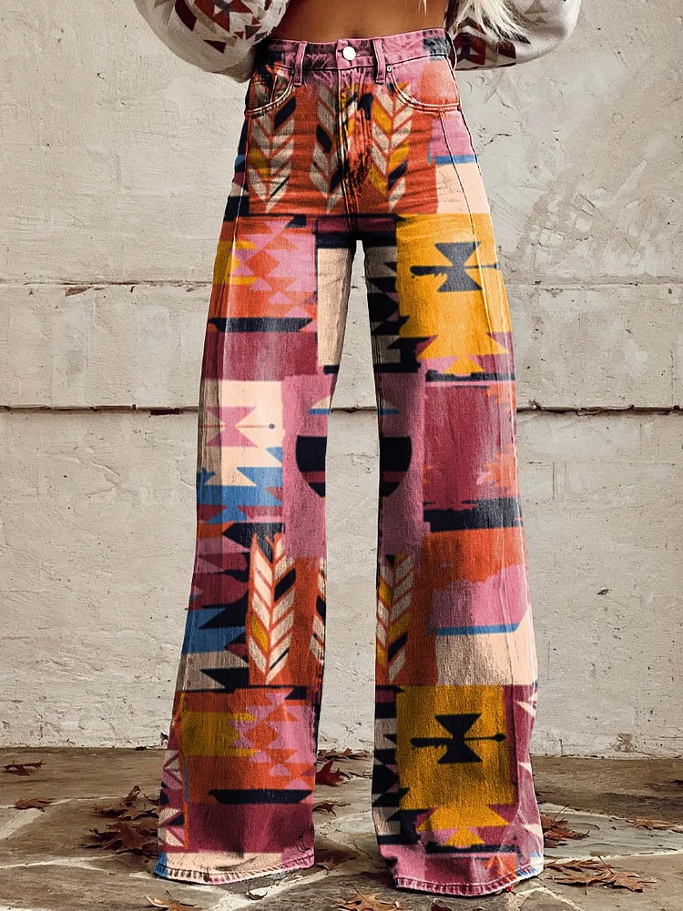 Women's Pink Aztec Casual Wide Leg Pants