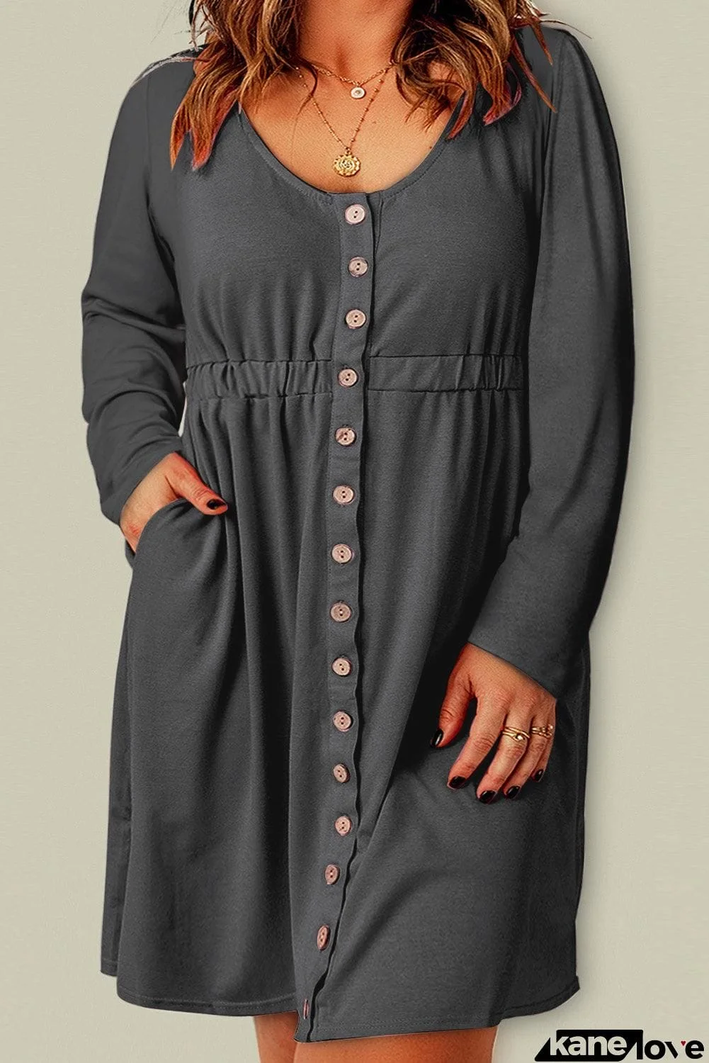 Plus Size Button Front Elastic Waist Long Sleeve Dress