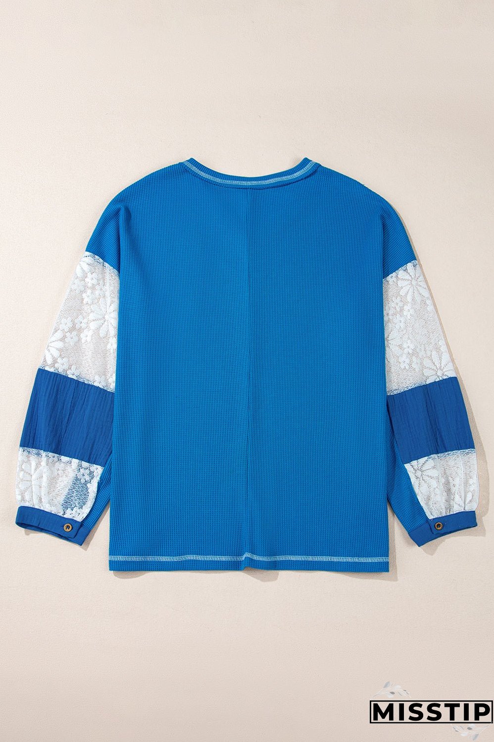 Sky Blue Lace Floral Patchwork Sleeve Stitching V Neck Rib Knit Blouse