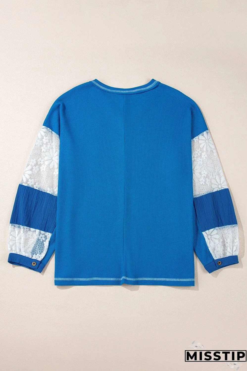 Sky Blue Lace Floral Patchwork Sleeve Stitching V Neck Rib Knit Blouse