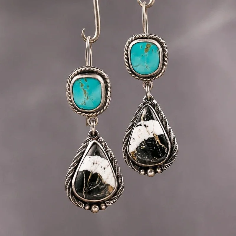Vintage Metal Green Stone Earrings Jewelry Ethnic Silver Color Waterdrop Engraved Inlay White Pattern Handmade Earrings