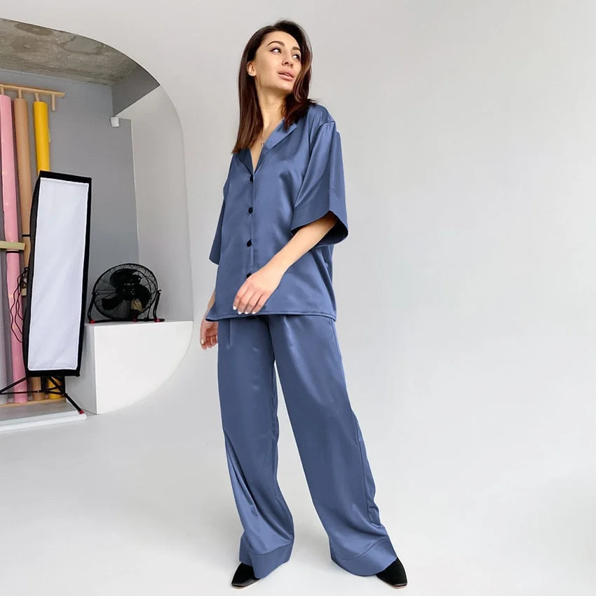 Graduation Gifts Solid Drop Sleeves Pajama Turn-Down Collar 2 Piece Set Women Pajamas With Pants 2021 Spring Deep V-Neck Sleepwear Satin