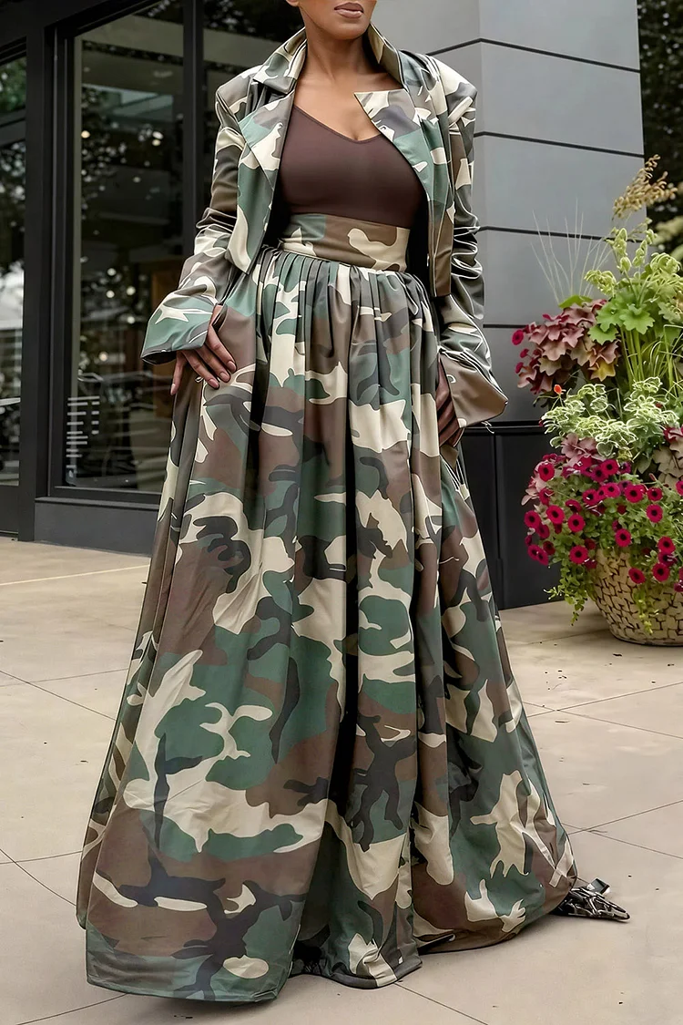 Plus Size Business Casual Army Green Camo Shirt Collar Long Sleeve Pocket Vintage Two Piece Skirt Sets 2024 - Xpluswear