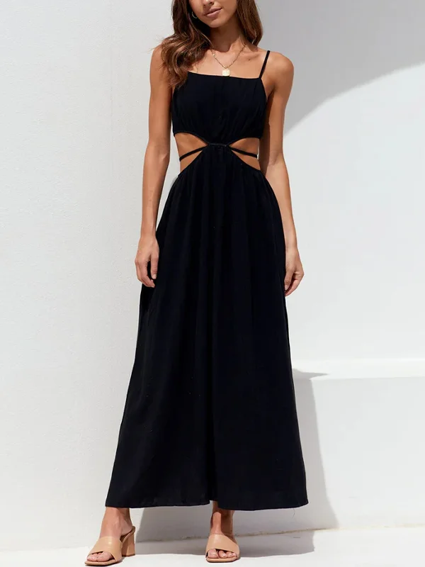 Black Minimal Cutout Waist Midi Dress